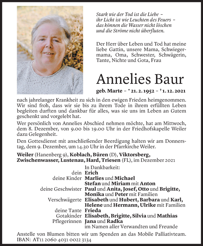  Todesanzeige für Annelies Baur vom 04.12.2021 aus Vorarlberger Nachrichten