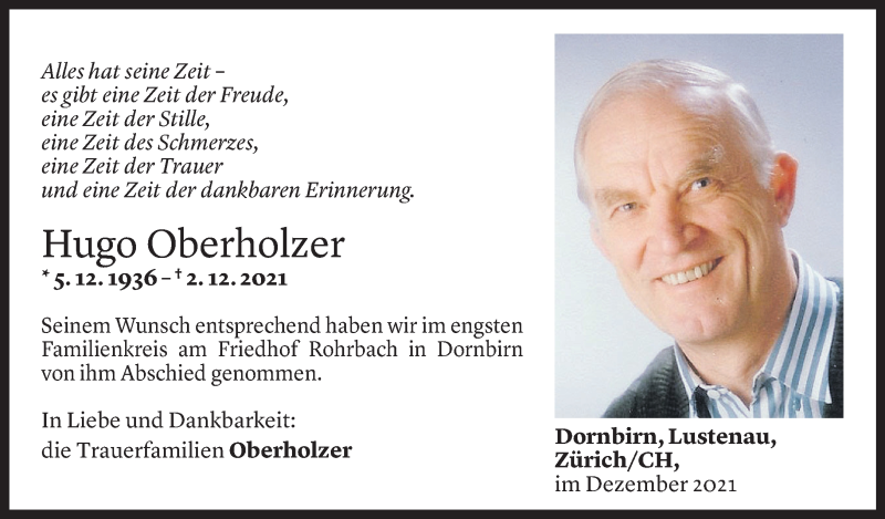  Todesanzeige für Hugo Oberholzer vom 11.12.2021 aus Vorarlberger Nachrichten