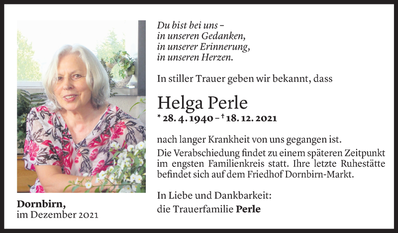  Todesanzeige für Helga Perle vom 23.12.2021 aus Vorarlberger Nachrichten