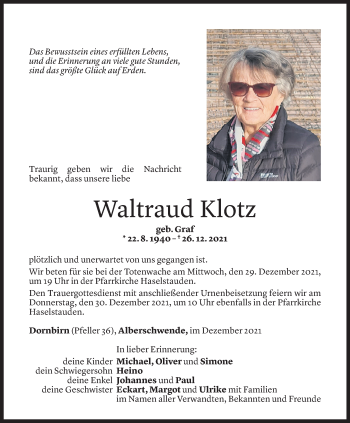 Todesanzeige von Waltraud Klotz von Vorarlberger Nachrichten