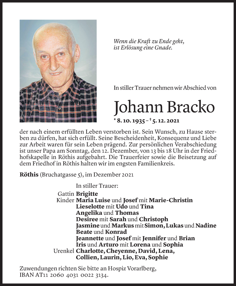  Todesanzeige für Johann Bracko vom 10.12.2021 aus Vorarlberger Nachrichten