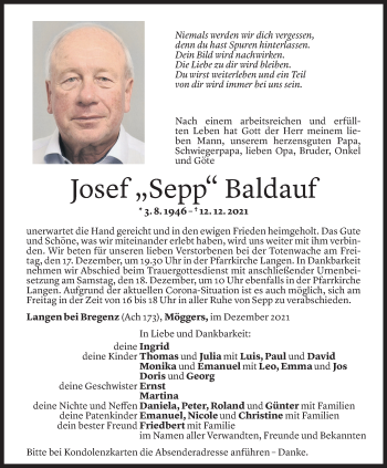 Todesanzeige von Josef Baldauf von Vorarlberger Nachrichten