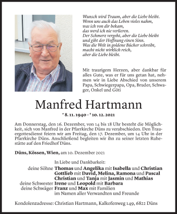 Todesanzeige von Manfred Hartmann von Vorarlberger Nachrichten