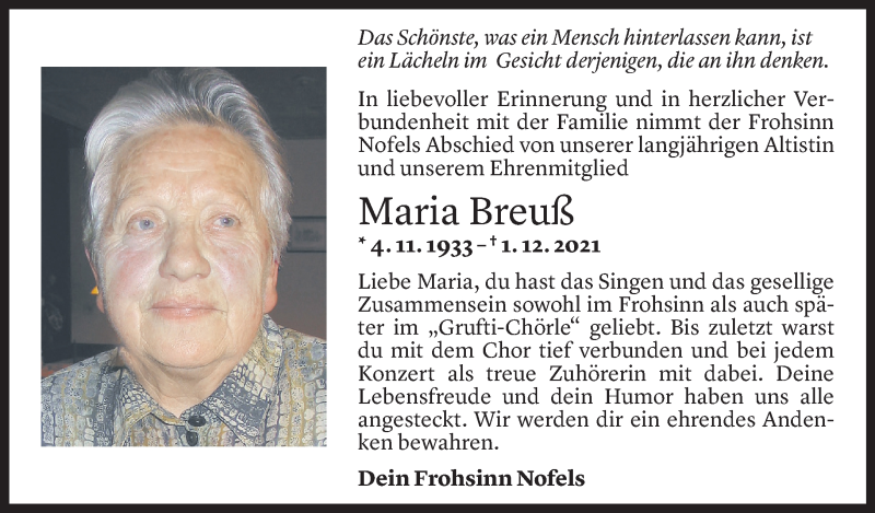  Todesanzeige für Maria Breuß vom 05.12.2021 aus Vorarlberger Nachrichten