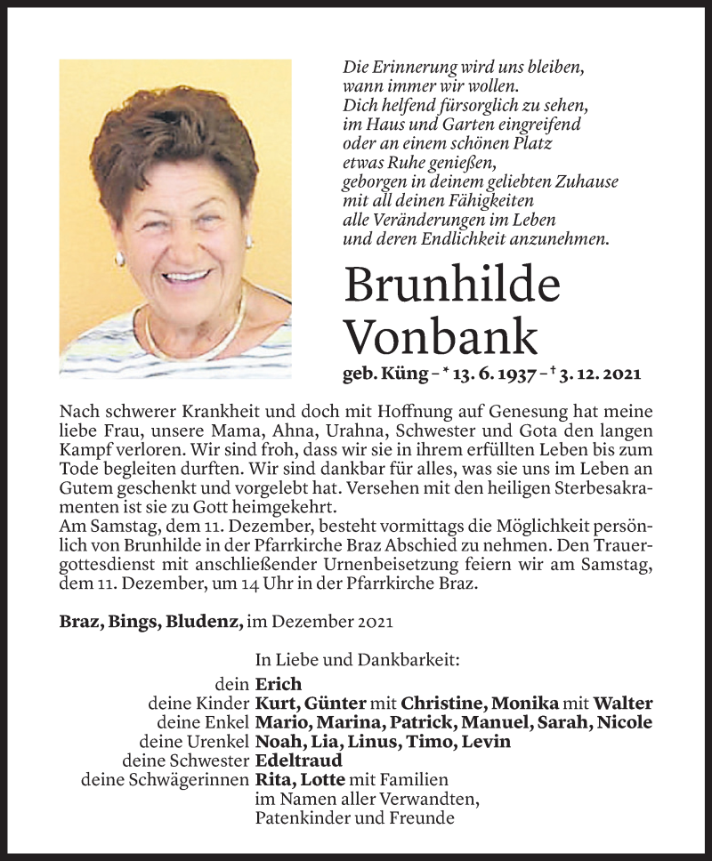  Todesanzeige für Brunhilde Vonbank vom 08.12.2021 aus Vorarlberger Nachrichten