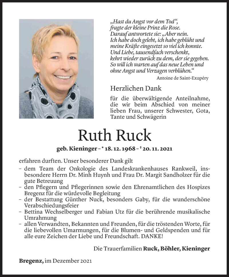  Todesanzeige für Ruth Ruck vom 14.12.2021 aus Vorarlberger Nachrichten