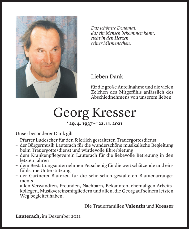  Todesanzeige für Georg Kresser vom 15.12.2021 aus Vorarlberger Nachrichten