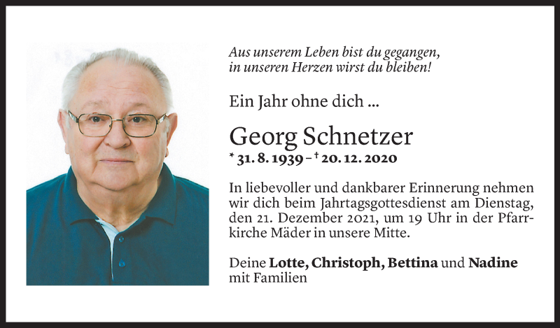  Todesanzeige für Georg Schnetzer vom 18.12.2021 aus Vorarlberger Nachrichten