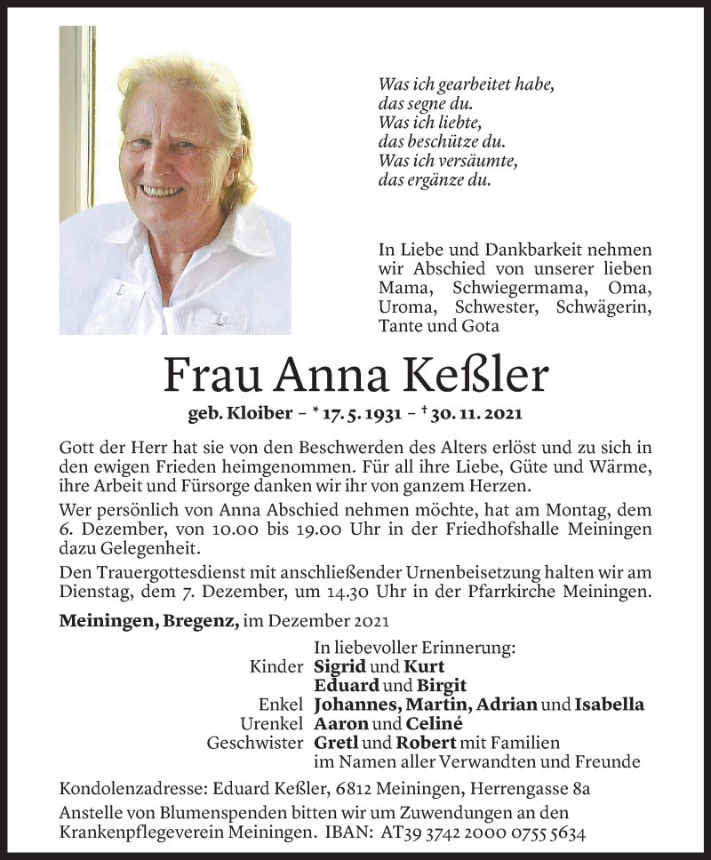 Todesanzeige für Anna Keßler vom 04.12.2021 aus Vorarlberger Nachrichten
