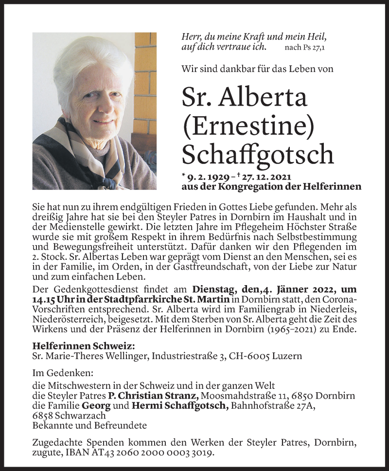  Todesanzeige für Sr. Alberta Ernestine Schaffgotsch vom 30.12.2021 aus Vorarlberger Nachrichten