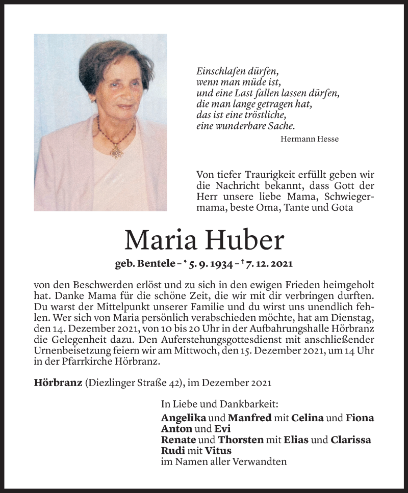  Todesanzeige für Maria Huber vom 10.12.2021 aus Vorarlberger Nachrichten