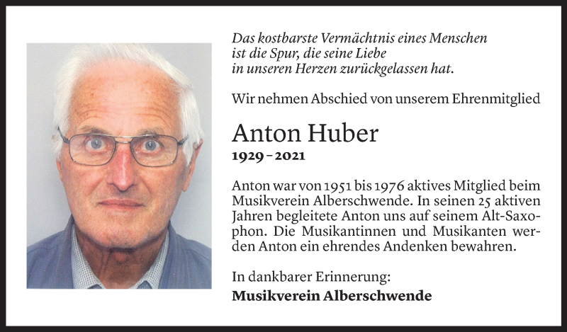  Todesanzeige für Anton Huber vom 10.12.2021 aus Vorarlberger Nachrichten