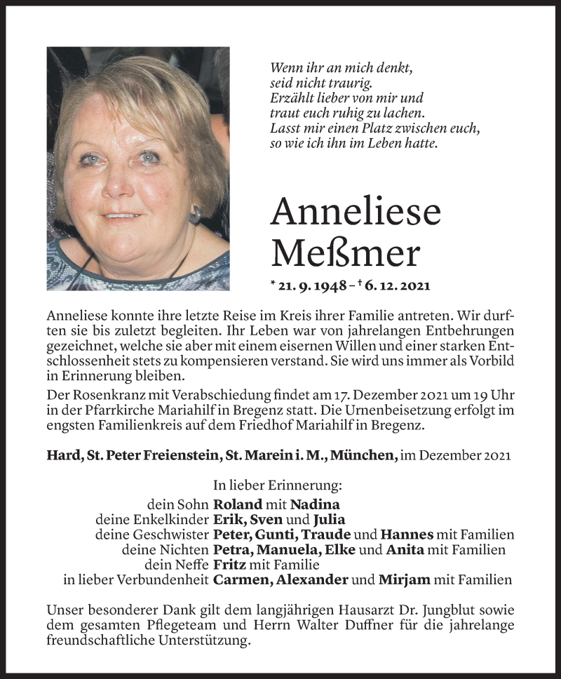  Todesanzeige für Anneliese Meßmer vom 10.12.2021 aus Vorarlberger Nachrichten