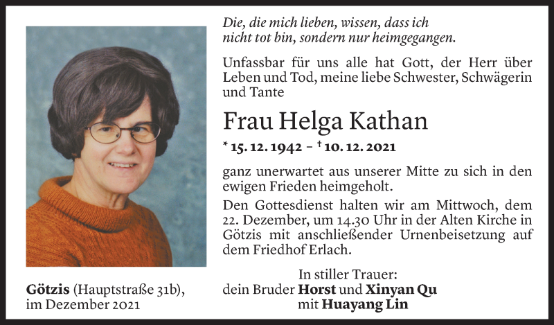  Todesanzeige für Helga Kathan vom 18.12.2021 aus Vorarlberger Nachrichten
