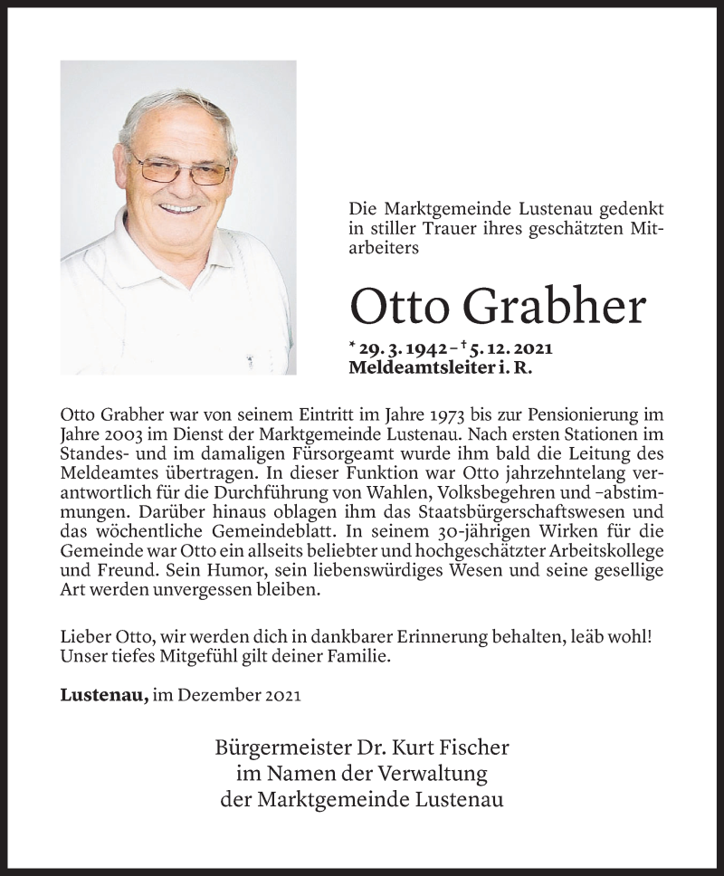  Todesanzeige für Otto Grabher vom 07.12.2021 aus Vorarlberger Nachrichten