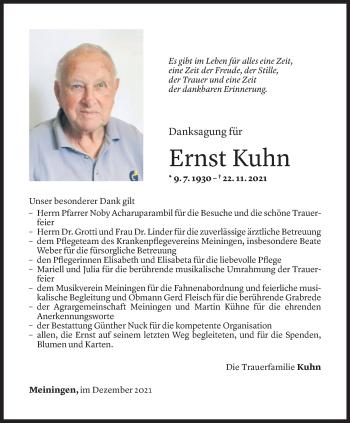 Todesanzeige von Ernst Kuhn von Vorarlberger Nachrichten