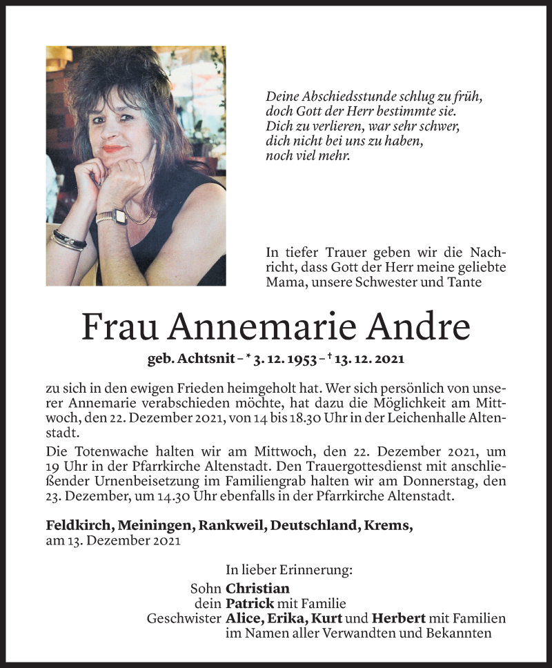  Todesanzeige für Annemarie Andre vom 20.12.2021 aus Vorarlberger Nachrichten
