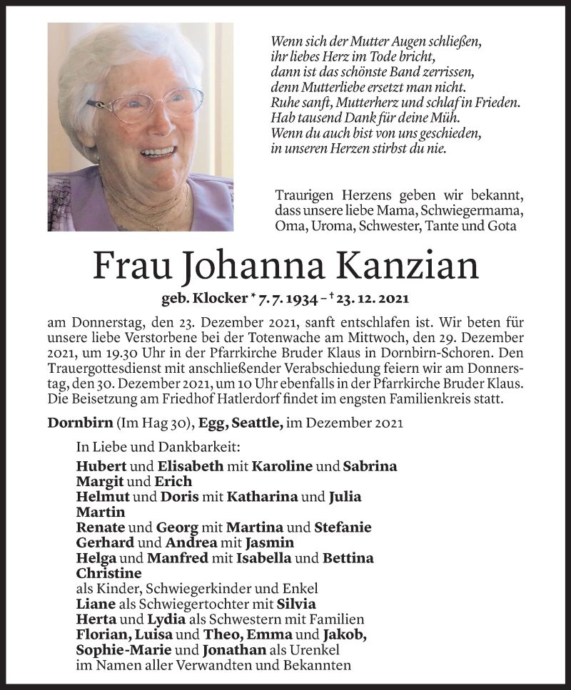  Todesanzeige für Johanna Kanzian vom 27.12.2021 aus Vorarlberger Nachrichten