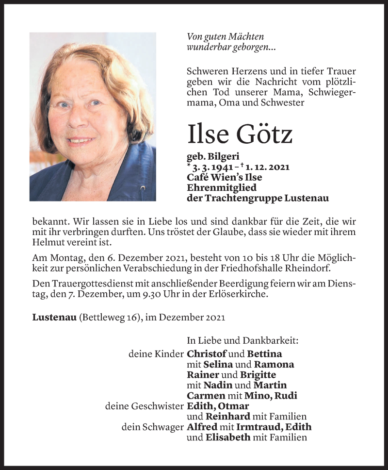  Todesanzeige für Ilse Götz vom 03.12.2021 aus Vorarlberger Nachrichten