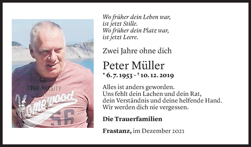  Todesanzeige für Peter Müller vom 09.12.2021 aus Vorarlberger Nachrichten