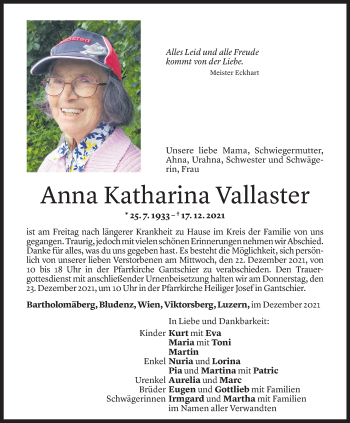Todesanzeige von Anna Katharina Vallaster von Vorarlberger Nachrichten