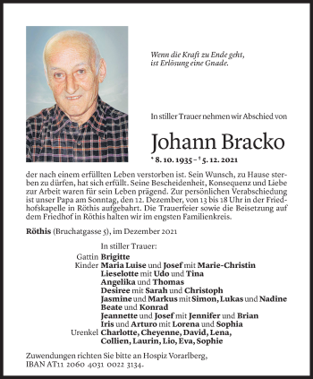 Todesanzeige von Johann Bracko von Vorarlberger Nachrichten