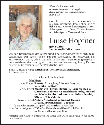 Todesanzeige von Luise Hopfner von Vorarlberger Nachrichten