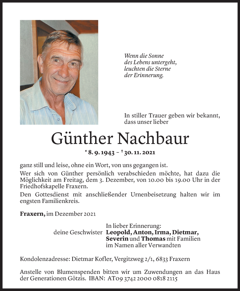  Todesanzeige für Günther Nachbaur vom 02.12.2021 aus Vorarlberger Nachrichten