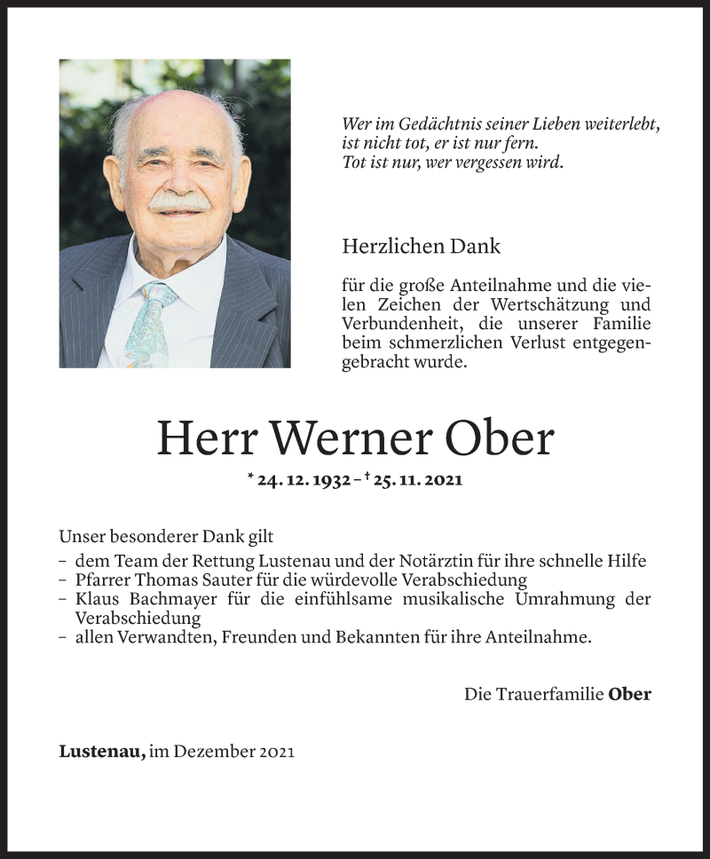  Todesanzeige für Werner Ober vom 17.12.2021 aus Vorarlberger Nachrichten