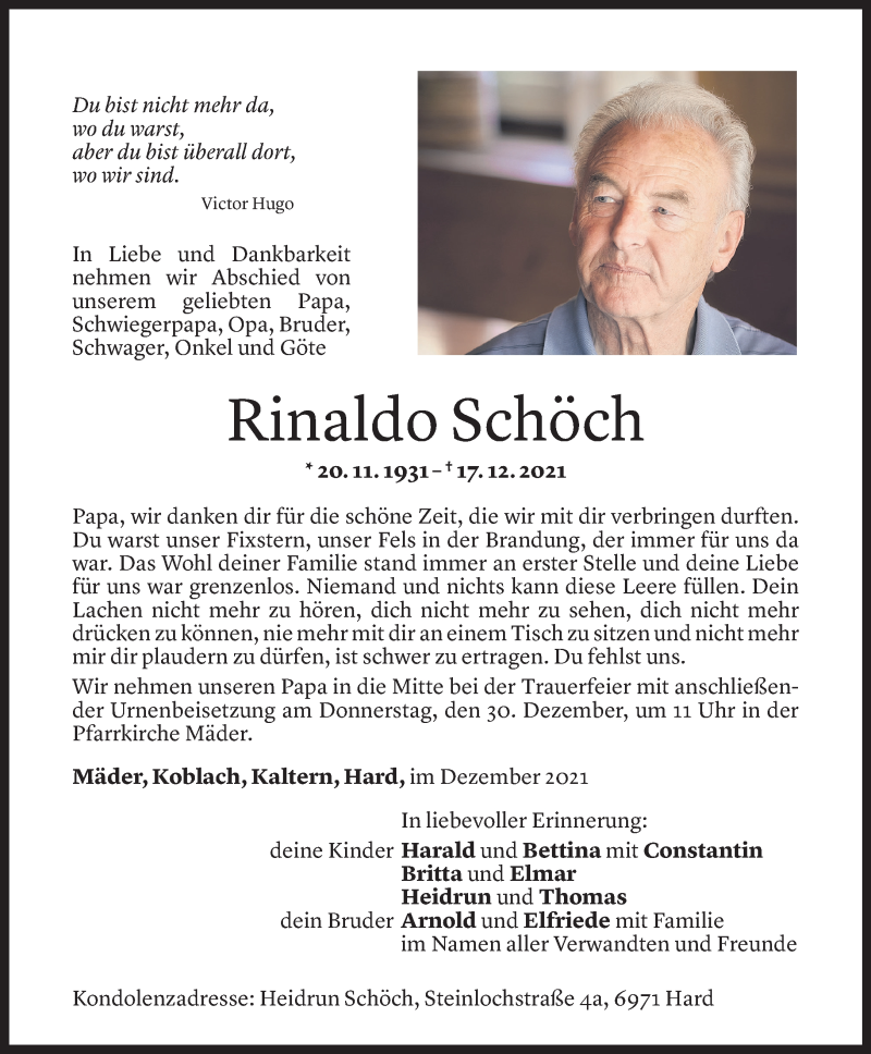 Todesanzeige für Rinaldo Schöch vom 22.12.2021 aus Vorarlberger Nachrichten