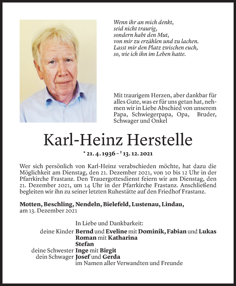  Todesanzeige für Karl-Heinz Herstelle vom 17.12.2021 aus Vorarlberger Nachrichten