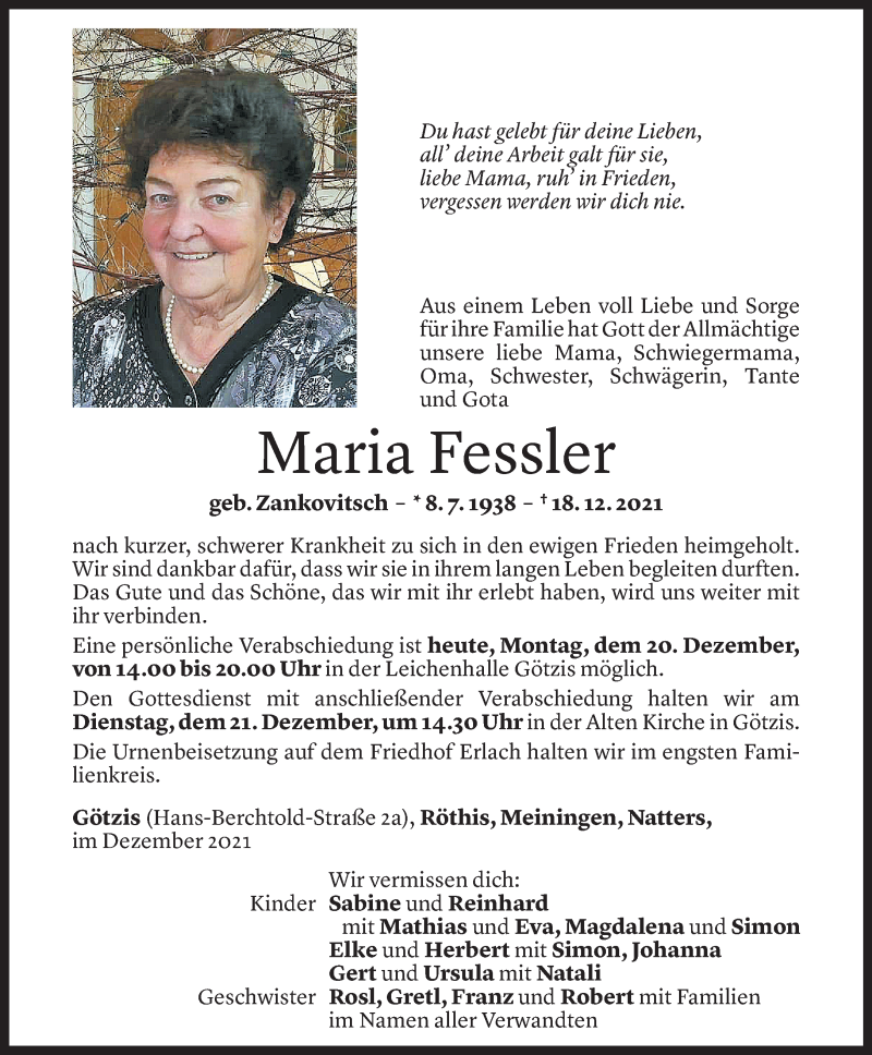  Todesanzeige für Maria Fessler vom 20.12.2021 aus Vorarlberger Nachrichten