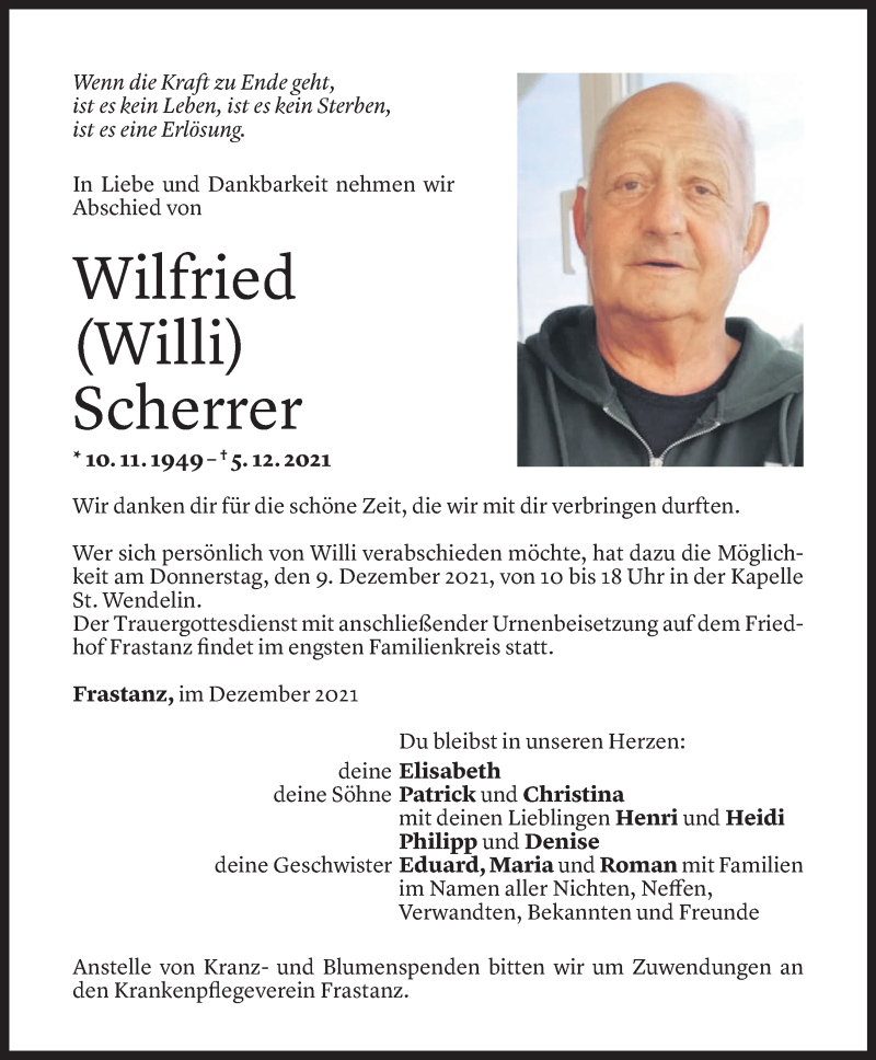  Todesanzeige für Wilfried Scherrer vom 08.12.2021 aus Vorarlberger Nachrichten