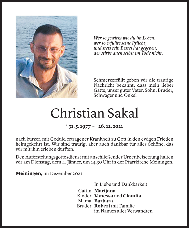  Todesanzeige für Christian Sakal vom 30.12.2021 aus Vorarlberger Nachrichten