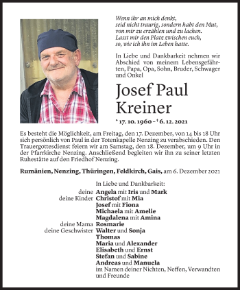 Todesanzeige von Josef Paul Kreiner von Vorarlberger Nachrichten