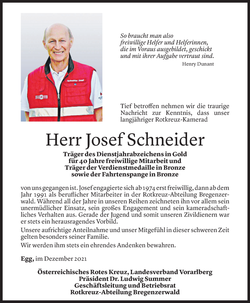  Todesanzeige für Josef Schneider vom 14.12.2021 aus Vorarlberger Nachrichten
