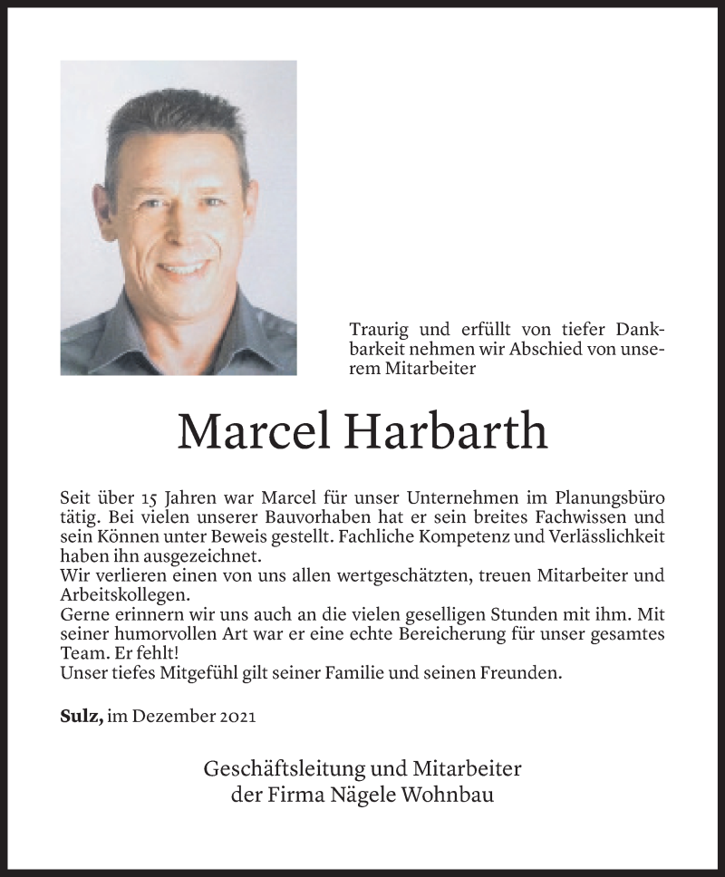  Todesanzeige für Marcel Harbarth vom 23.12.2021 aus Vorarlberger Nachrichten