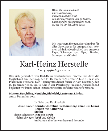 Todesanzeige von Karl-Heinz Herstelle von Vorarlberger Nachrichten