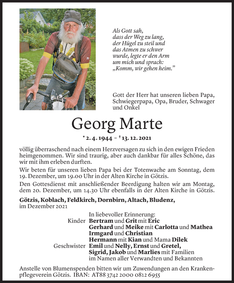  Todesanzeige für Georg Marte vom 17.12.2021 aus Vorarlberger Nachrichten