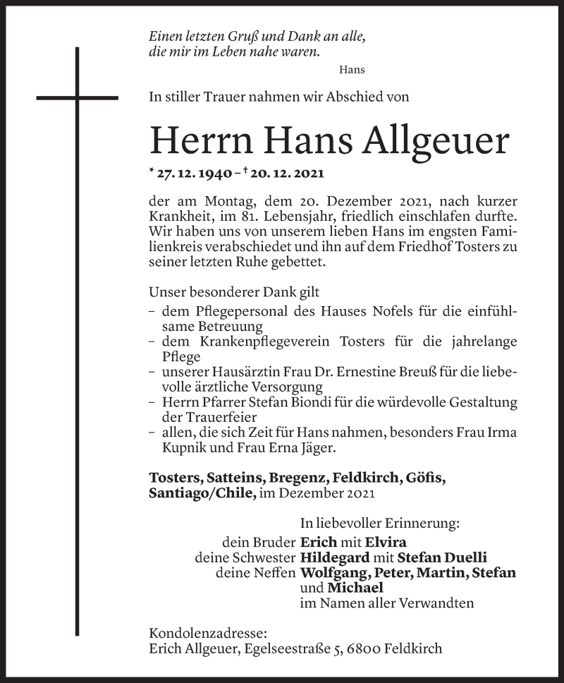  Todesanzeige für Hans Allgeuer vom 30.12.2021 aus Vorarlberger Nachrichten
