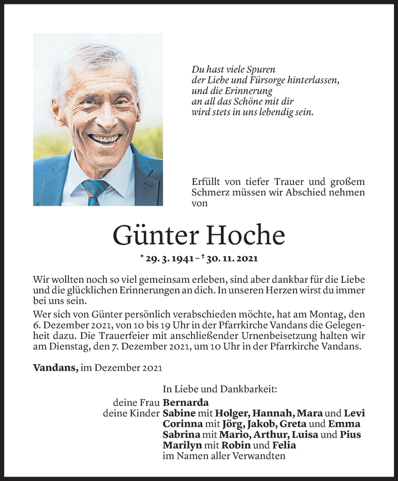  Todesanzeige für Günter Hoche vom 03.12.2021 aus Vorarlberger Nachrichten