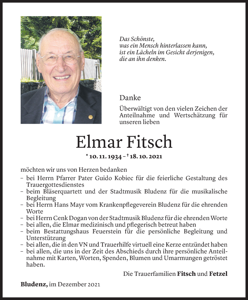  Todesanzeige für Elmar Fitsch vom 16.12.2021 aus Vorarlberger Nachrichten