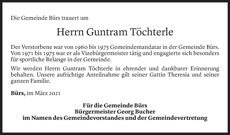  Todesanzeige für Guntram Töchterle vom 29.03.2021 aus Vorarlberger Nachrichten