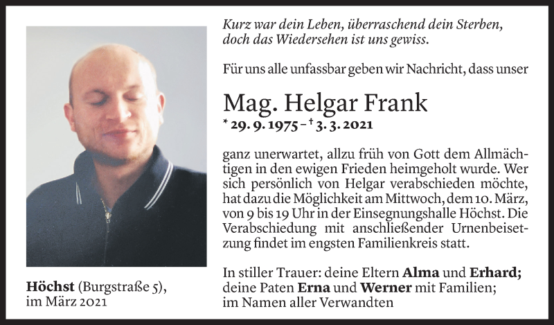  Todesanzeige für Helgar Frank vom 07.03.2021 aus Vorarlberger Nachrichten