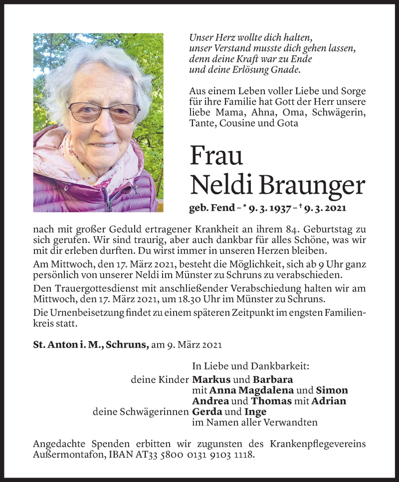  Todesanzeige für Neldi Braunger vom 13.03.2021 aus Vorarlberger Nachrichten