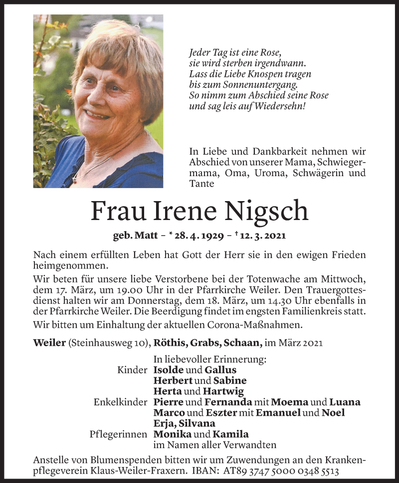  Todesanzeige für Irene Nigsch vom 16.03.2021 aus vorarlberger nachrichten