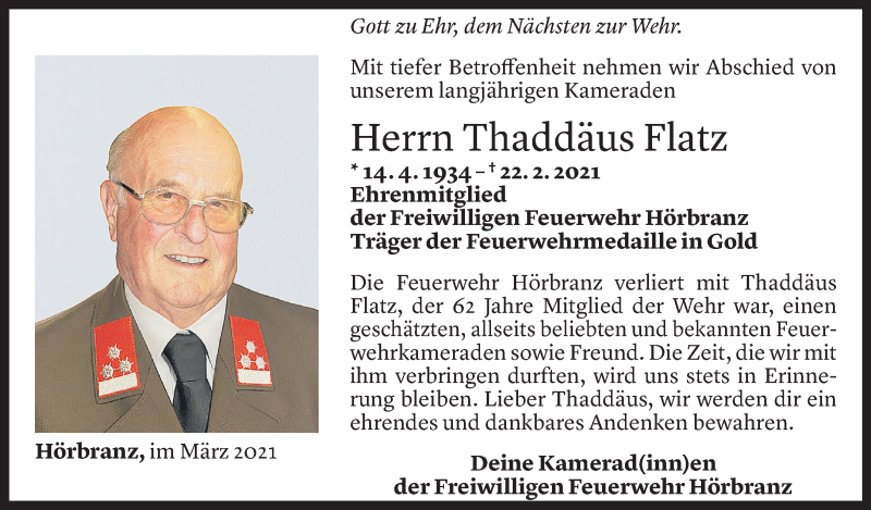  Todesanzeige für Thaddäus Flatz vom 03.03.2021 aus Vorarlberger Nachrichten