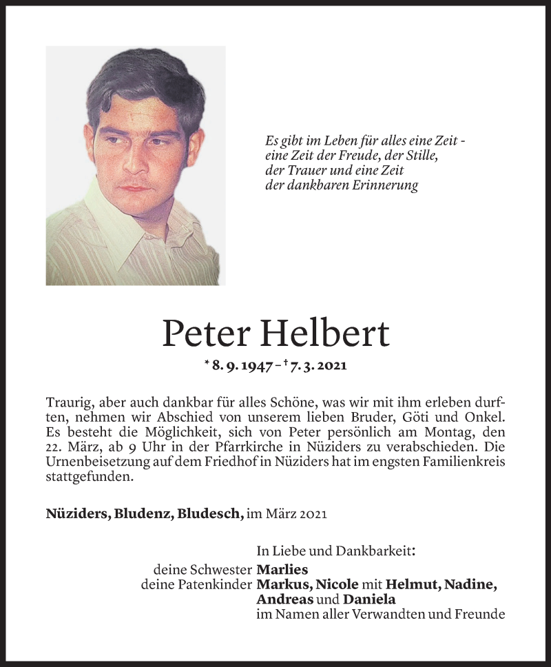  Todesanzeige für Peter Helbert vom 20.03.2021 aus Vorarlberger Nachrichten