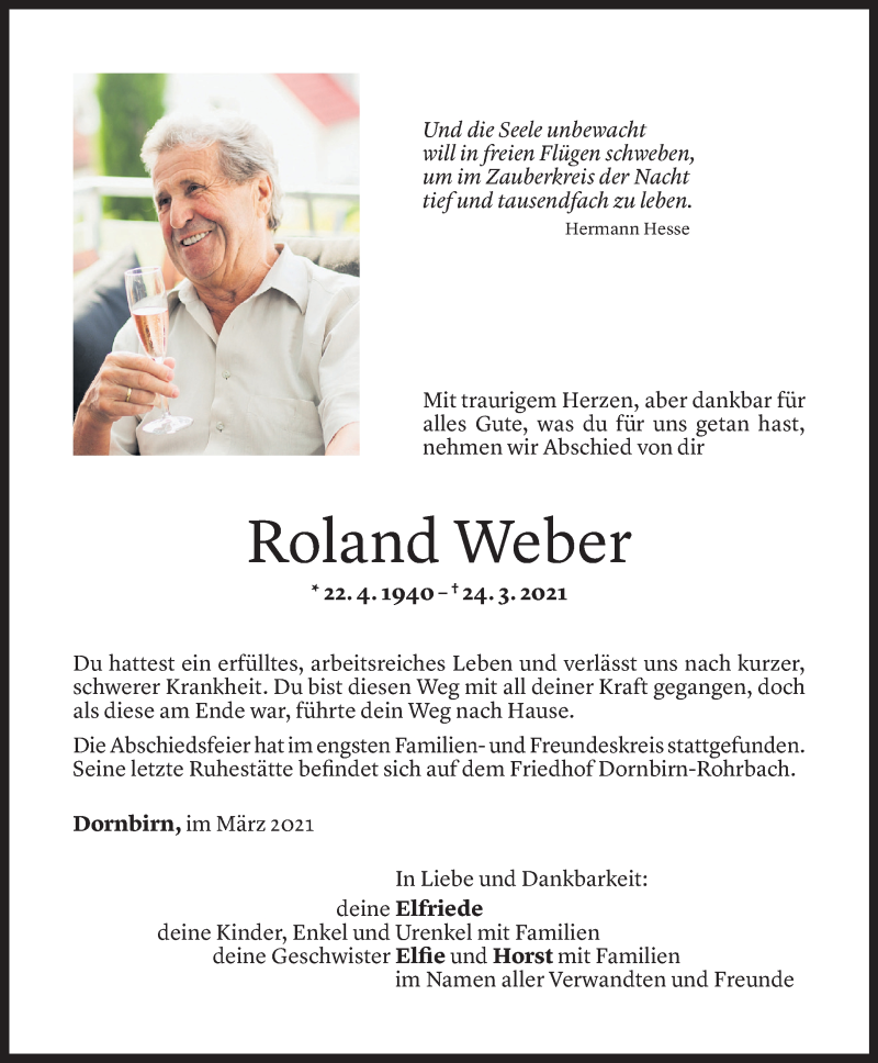  Todesanzeige für Roland Weber vom 02.04.2021 aus Vorarlberger Nachrichten
