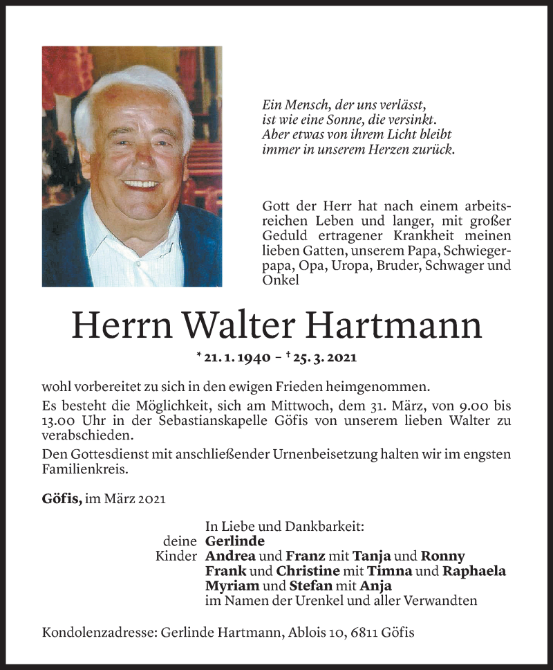  Todesanzeige für Walter Hartmann vom 27.03.2021 aus Vorarlberger Nachrichten